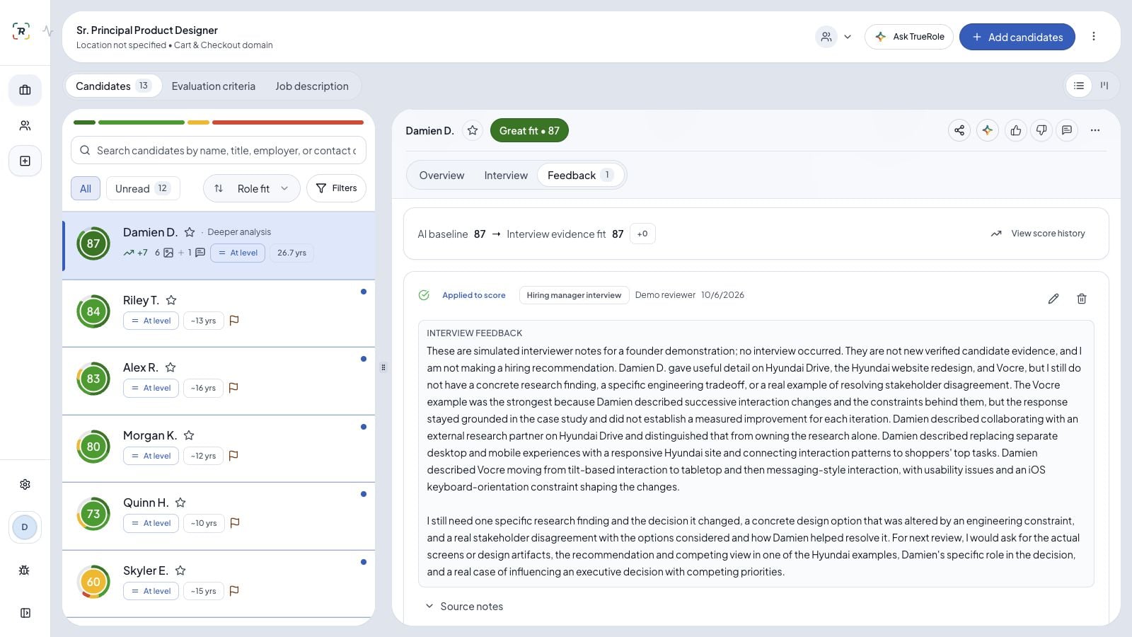 The completed feedback shows the reviewed summary, simulation disclosure, and unchanged score