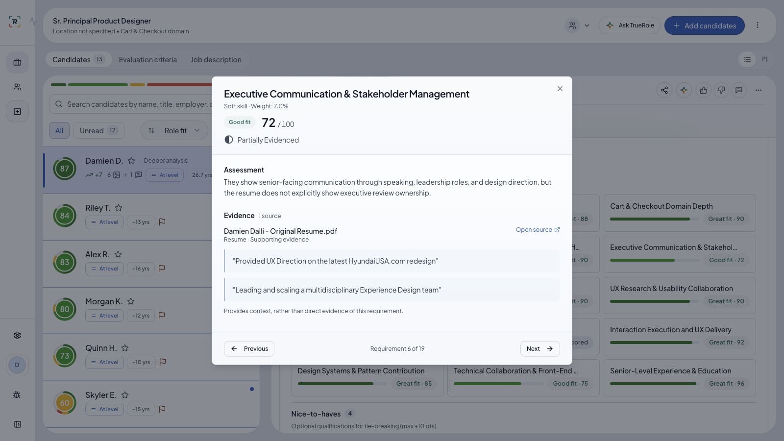 An expanded requirement showing its assessment, evidence status, and source excerpt