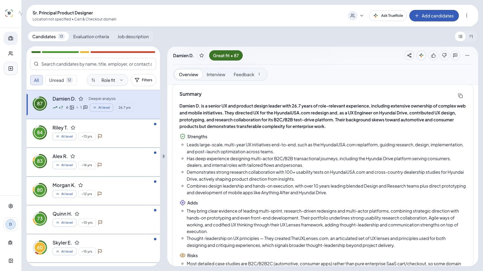 The Overview summary and strengths alongside the candidate list