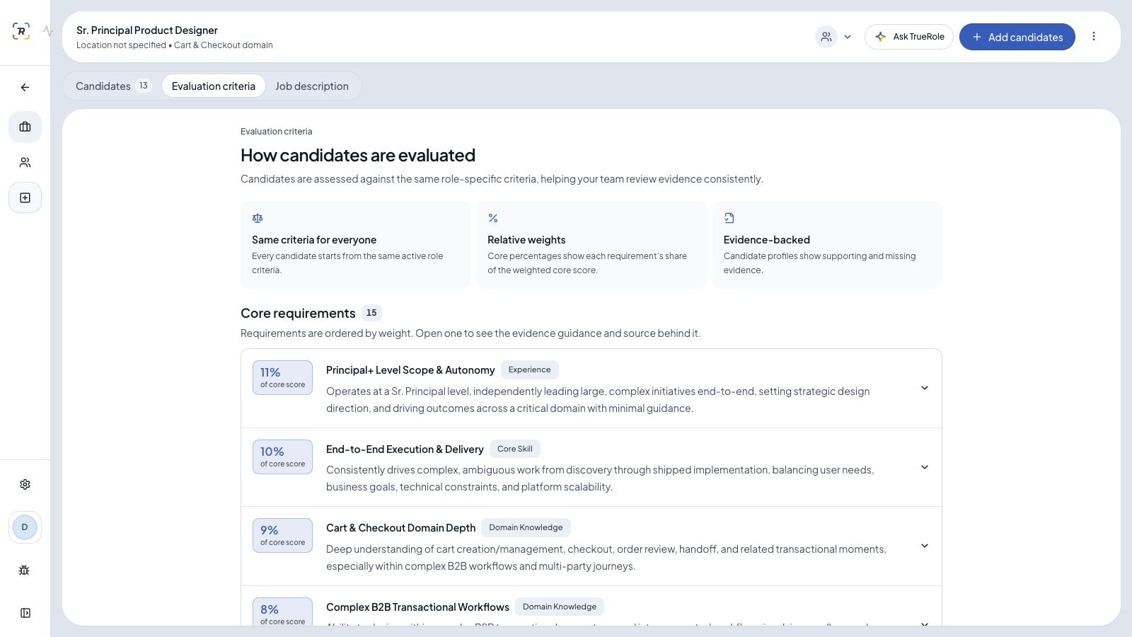 The role criteria used throughout the demonstration