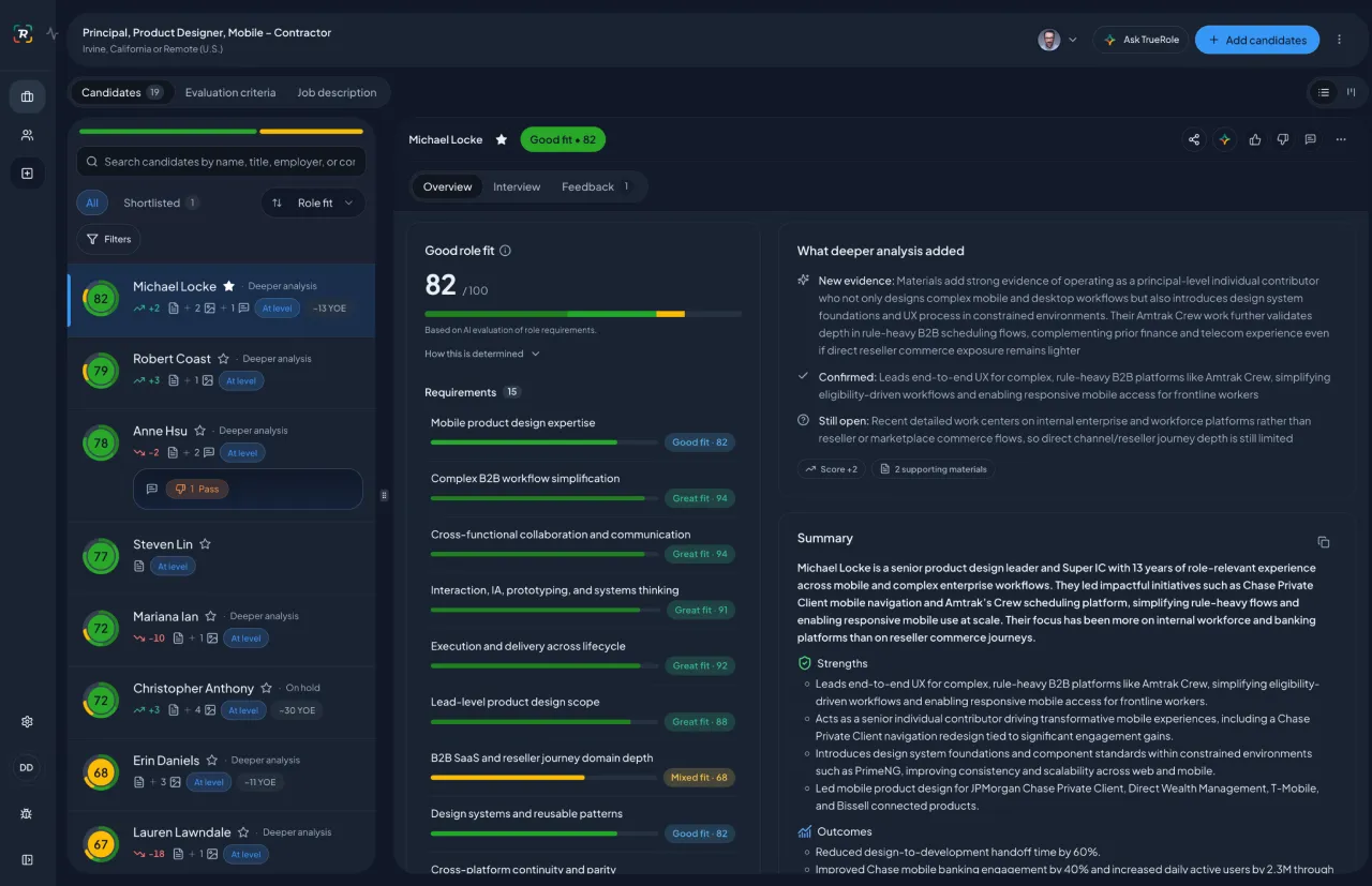 TrueRole candidate evaluation workspace with synthetic candidates, role-fit requirements, deeper analysis, and a recruiter-ready summary