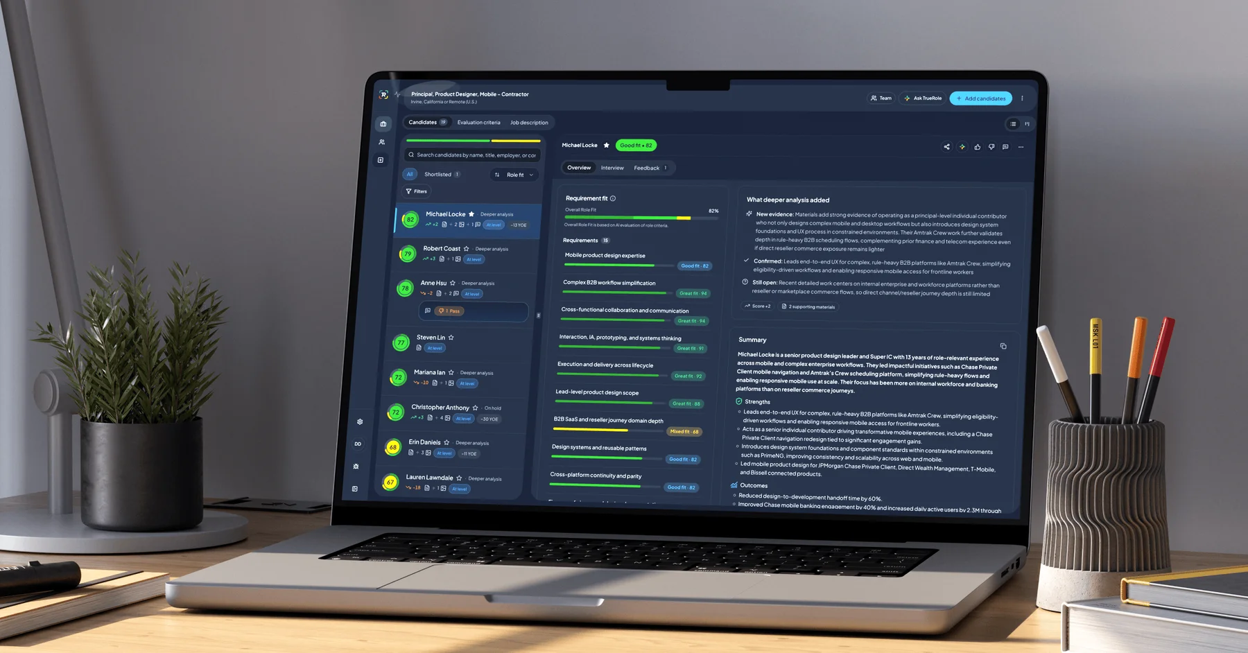 TrueRole candidate evaluation workspace showing candidate comparisons, role requirements, fit indicators, supporting evidence, and deeper analysis